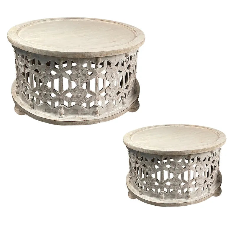 30-Zoll rundes zweiteiliges Holz-Couchtischset mit geschnitztem Blumenmotiv in Antikweiß