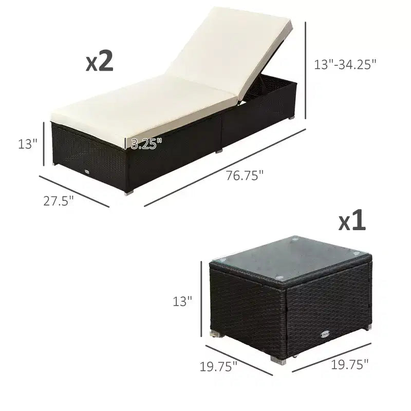 Set aus 2 Sonnenliegen mit 5-fach verstellbarer Rückenlehne, Outdoor-Couchtisch, wasserabweisenden Polstern und PE-Rattan-Geflecht für den Poolbereich
