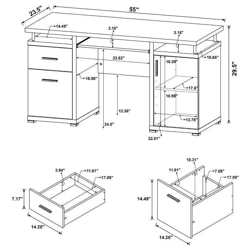 55" Holzschreibtisch mit 2 Schubladen, 1 Schrankfach, 1 offenem Ablagefach und Tür für das Homeoffice oder Arbeitszimmer