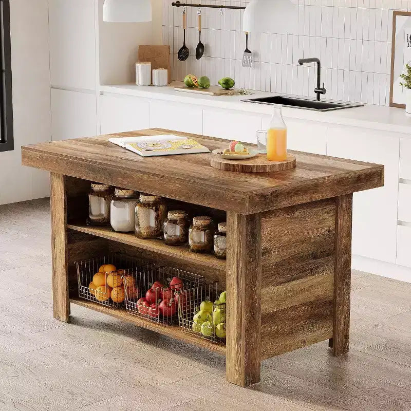 Lantine 55 Zoll Kücheninsel mit Stauraum, 3-stöckiger stationärer Küchentisch aus Holz, moderner Bartisch mit Ablagefach für die Küche, rustikales Braun