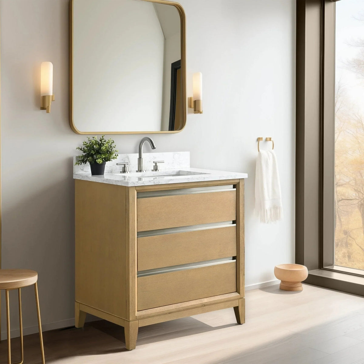 Vanity Art Badezimmerschrank mit Keramikwaschbecken und Platte aus technischem Marmor