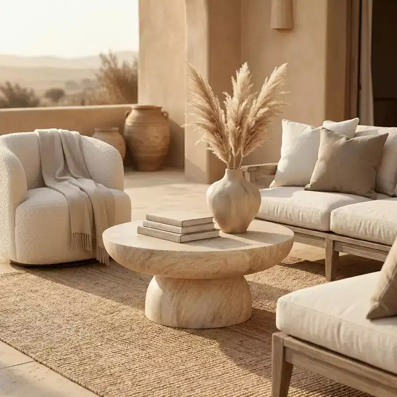LeisureMod Lunexa Runder Couchtisch Fiberstone-Sockel Beistelltisch für den Innen- oder Außenbereich, geformtes Design mit rutschfesten Fußpolstern