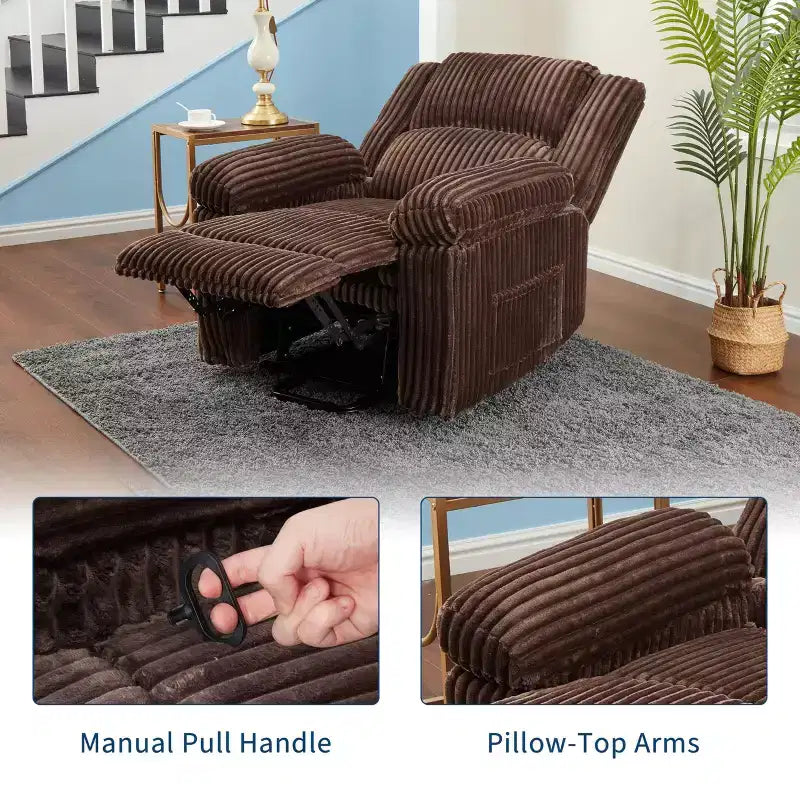 Kordsessel, manueller Relaxsessel mit Hebel, gepolsterte Armlehnen, dicke Polsterung, Seitentasche, Wohnzimmer, Schlafzimmer, Heimkino, Dunkelgrau