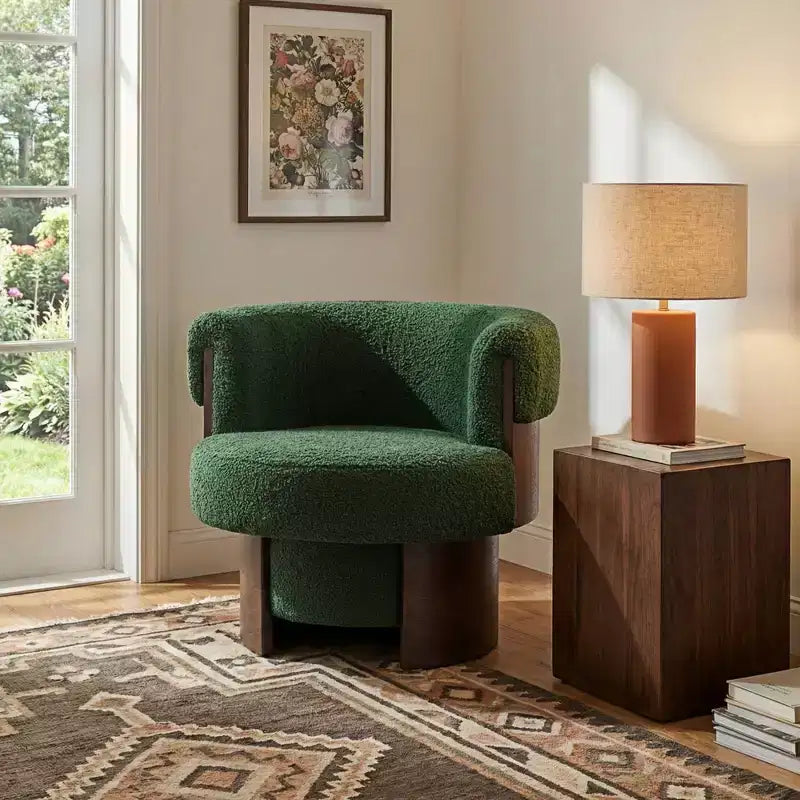 Whisen 360° drehbarer Fasssessel mit skulpturalem Bogenholzdesign, Massivholzrahmen, 32 breit, vielseitig für Wohnzimmer und Schlafzimmer einsetzbar