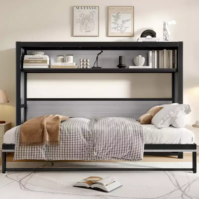 Schrankbett in Twin-Size mit Regalen, Metall-Wandbett mit klappbarem Design für kleine Räume