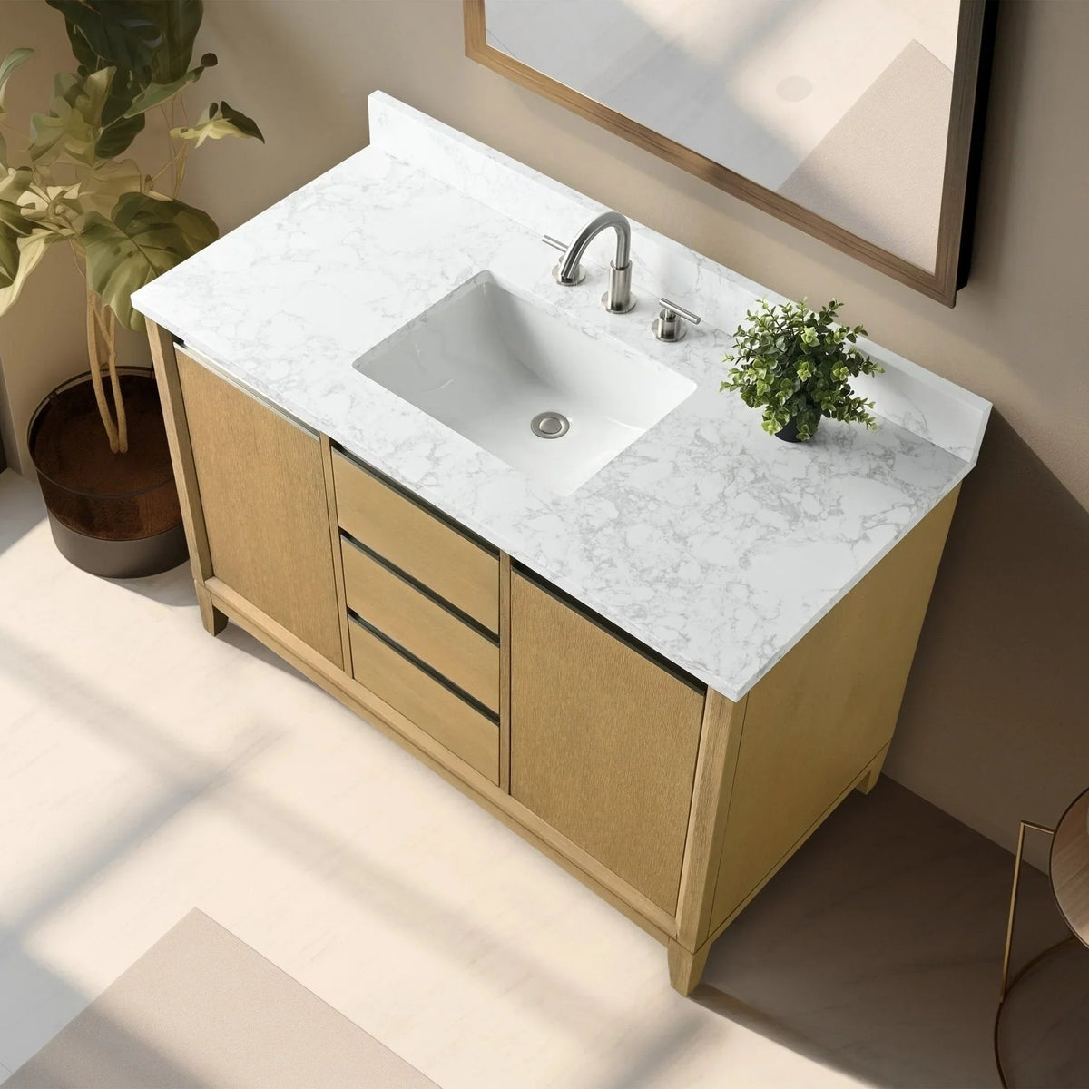 Vanity Art Badezimmerschrank mit Keramikwaschbecken und Platte aus technischem Marmor