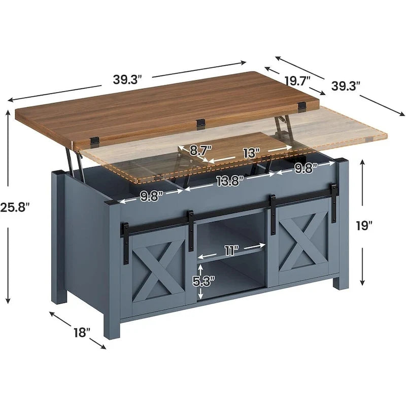 Couchtisch mit Hubplatte, 2 Schiebetüren im Scheunentor-Design und Stauraum, Esstisch