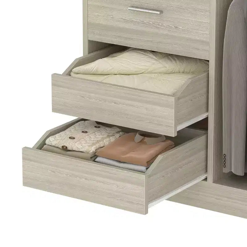 Schrank-Organizer mit Holzschubladen, freistehendes Schranksystem mit Kleiderstangen
