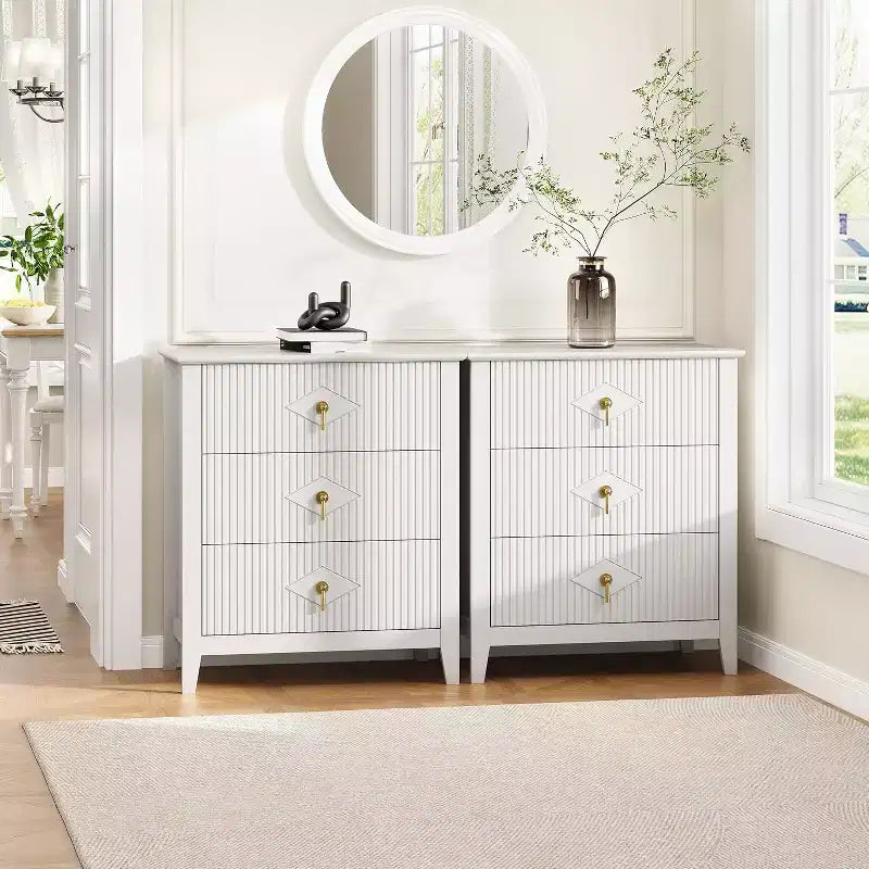 2 Stück geriffelte Holz-Nachttische, 27,5 breit, 3-Schubladen-Kommoden-Set, moderne Beistelltische, Schubladenschrank für Schlafzimmer und Wohnzimmer