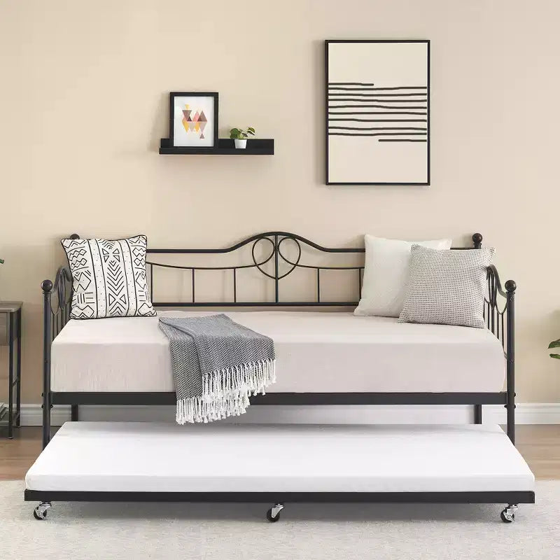 Tagesbett mit Ausziehbett, Metall-Tagesbett mit Gästebett, Tagesbett mit Ausziehbarem Bettrahmen, Sofa mit Stahl-Lattenrost für Kinder, Jugendliche und Erwachsene