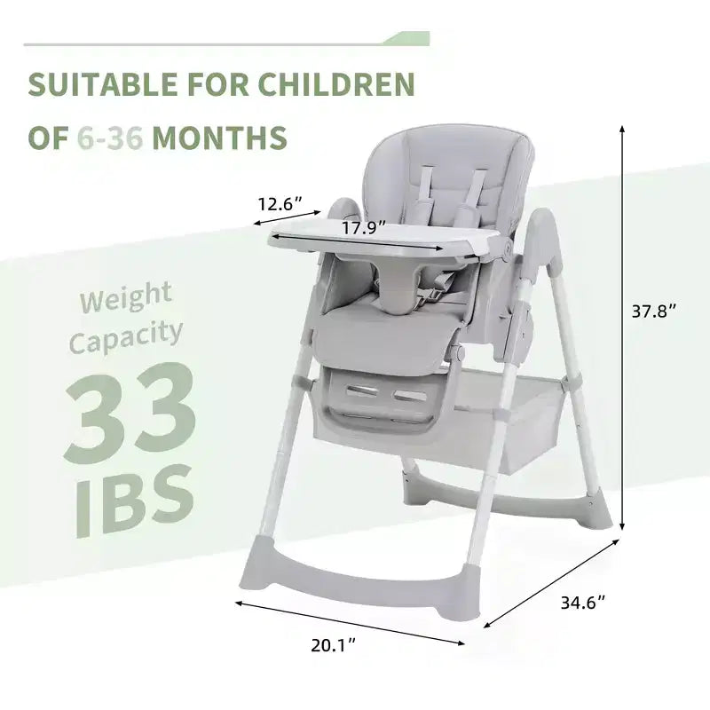 Zusammenklappbarer Hochstuhl für Babys und Kleinkinder, Hochstuhl aus PU-Leder mit verstellbarer Rückenlehne und Sitzhöhe, abnehmbarem Tablett, 5-Punkt-Sicherheitsgurt und feststellbaren Rollen