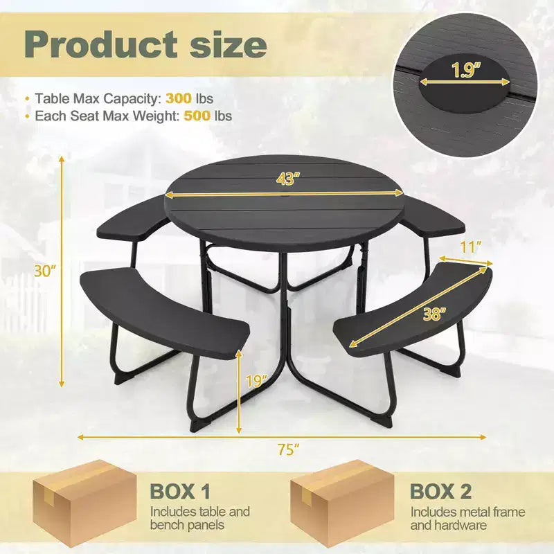 Costway Outdoor 8-Personen-Rund-Picknicktisch-Bank-Set mit 4 Bänken & Sonnenschirmloch Schwarz/Grau/Grün/Weiß