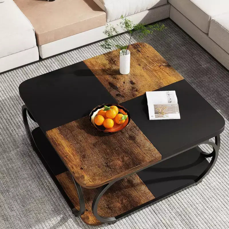 Quadratischer 40-Zoll-Couchtisch mit 2 Ebenen, niedriger Landhaus-Tisch mit Ablagefach für das Wohnzimmer, Schwarz Rustikales Braun