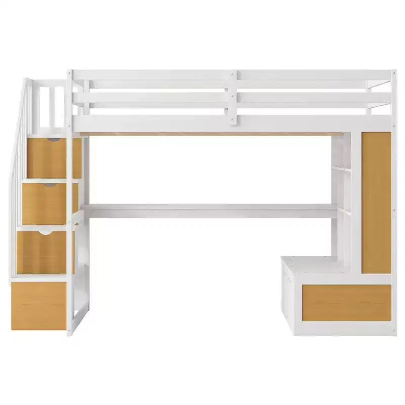 Full-Size-Hochbett mit Treppe und Schreibtisch, Hochbettgestell aus Holz mit Staufächern und Bücherregalen für Erwachsene, Teenager und Kinder