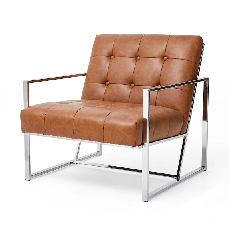 Glitzhome 77,5 cm hoher Mid-Century Akzentstuhl in Creme, PU-Leder mit Knopfheftung und verchromtem Gestell