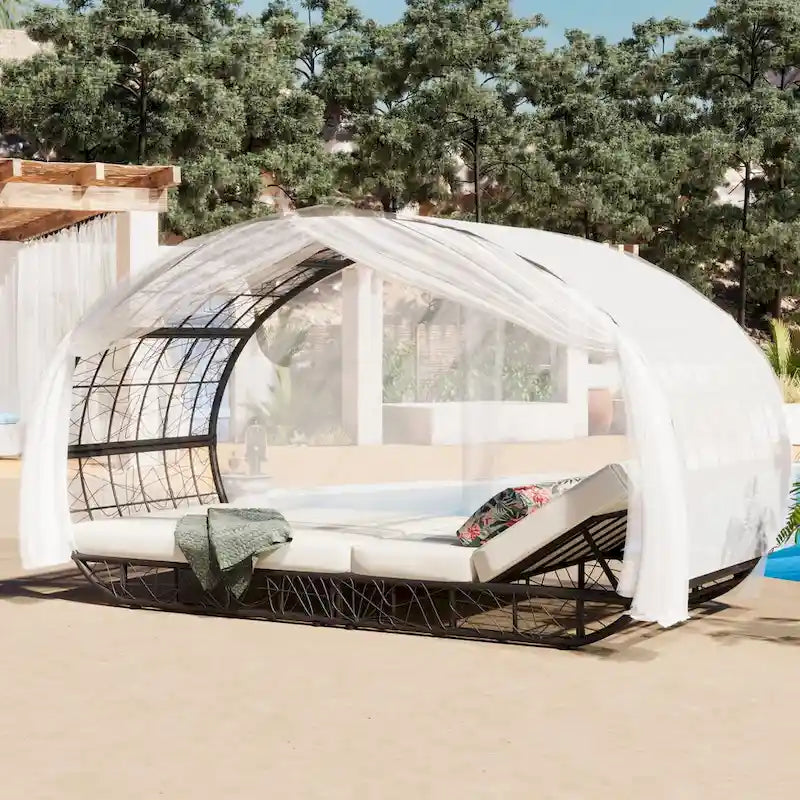 Oaks Aura Outdoor, Sonnenliege mit Polster, Vorhang und buntem Kissen, Lounge-Sessel aus Korbgeflecht, verstellbare Gartenliegen