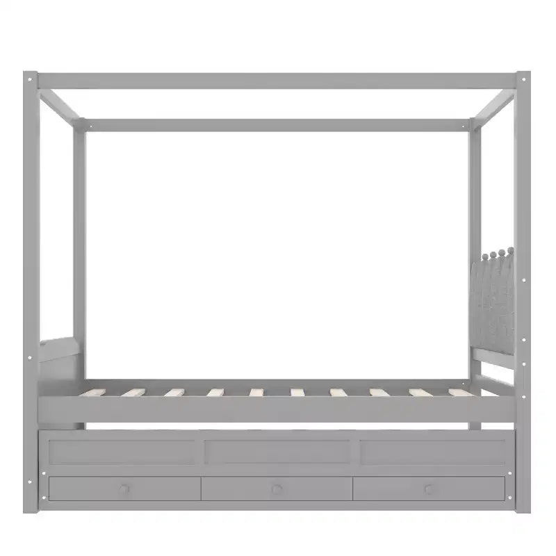 Doppel-/Einzelbett-Plattformbett mit Ausziehbett, Prinzessinnen-Himmelbett aus Holz mit 3 Schubladen, Stauraumbett mit gepolstertem Kopfteil für das Schlafzimmer