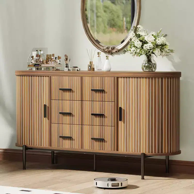 59-Zoll-Sideboard im Landhausstil mit geriffelter Front, TV-Lowboard mit 6 Schubladen und 2 Schiebetüren, vielseitiger Aufbewahrungsschrank fürs Wohnzimmer