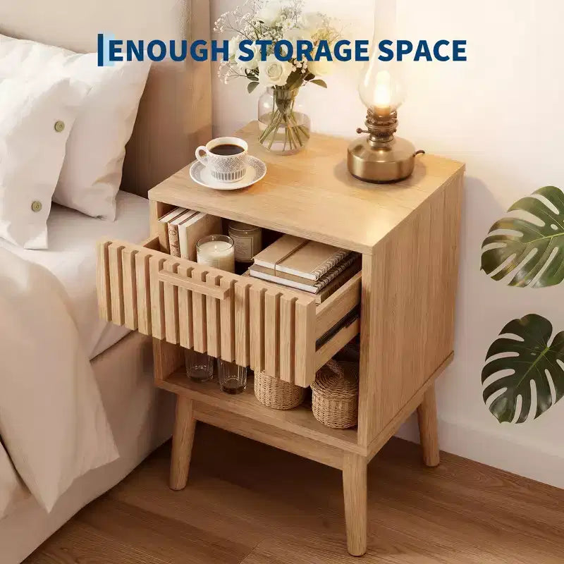 2er-Set Nachttische im Boho-Stil mit gestreifter Schublade und offenem Regal, kompakter Beistelltisch aus Holz fürs Bett, kleiner Beistelltisch für Schlafzimmer und Wohnzimmer