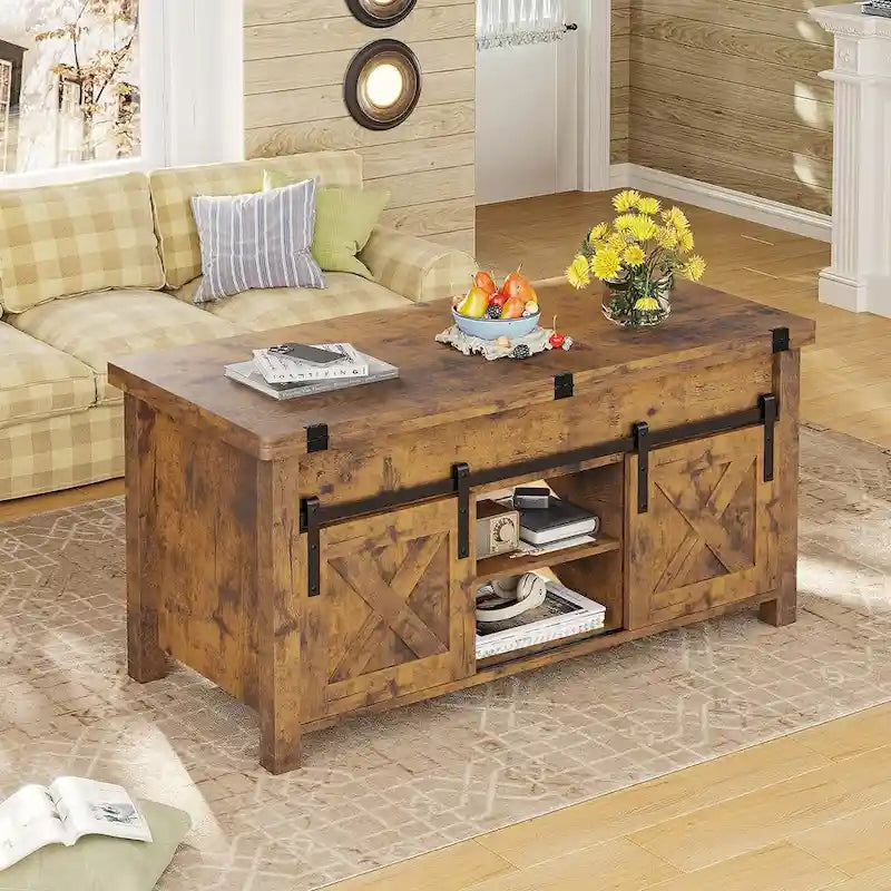 Couchtisch mit Hubplatte, 2 Schiebetüren im Scheunentor-Design und Stauraum, Esstisch