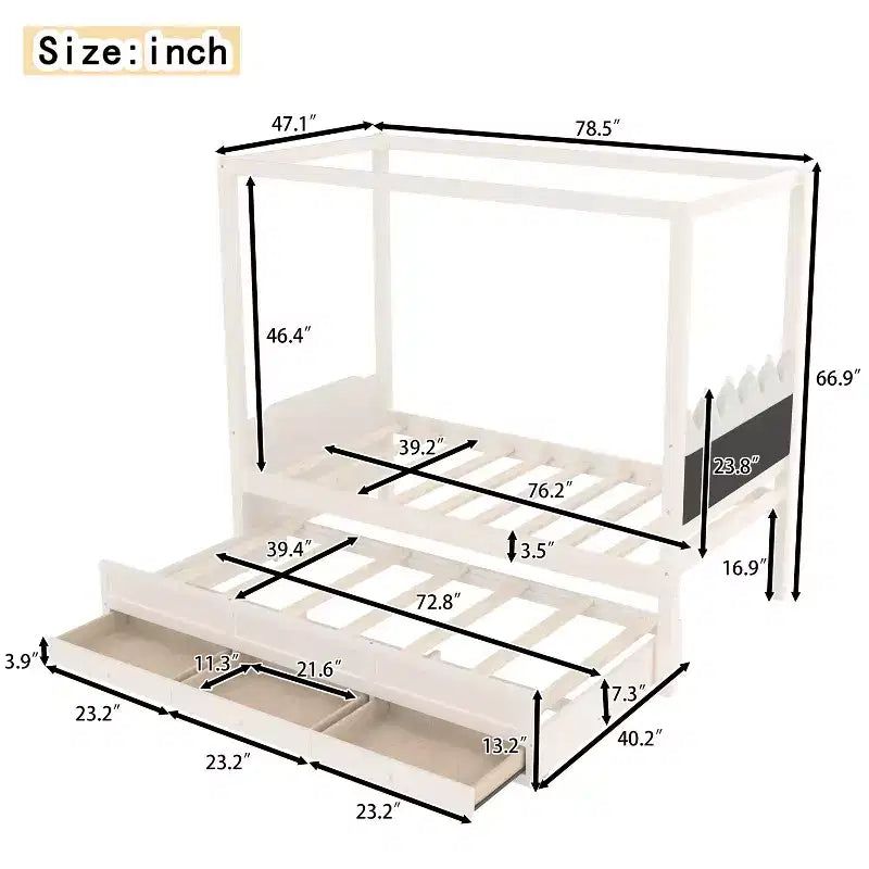 Doppel-/Einzelbett-Plattformbett mit Ausziehbett, Prinzessinnen-Himmelbett aus Holz mit 3 Schubladen, Stauraumbett mit gepolstertem Kopfteil für das Schlafzimmer