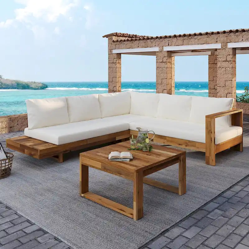 L-förmiges Ecksofa-Set, Terrassen-Sitzgruppe mit Tisch, Lounge-Ecksofa aus Holz, 4-teiliges Outdoor-Sitzgruppen-Set