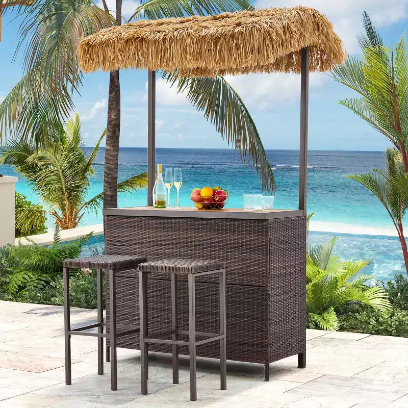 EROMMY Outdoor Tiki-Bar-Set, Rattan-Terrassenbar mit 2 Barhockern, Ablagefach für Hinterhof, Poolbereich und Garten