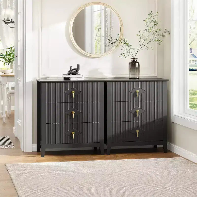 2 Stück geriffelte Holz-Nachttische, 27,5 breit, 3-Schubladen-Kommoden-Set, moderne Beistelltische, Schubladenschrank für Schlafzimmer und Wohnzimmer