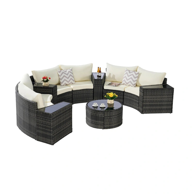 11-teiliges modulares Outdoor-Sofa-Set mit halbrunden Elementen, Couchtisch aus gehärtetem Glas und 4 Beistelltischen