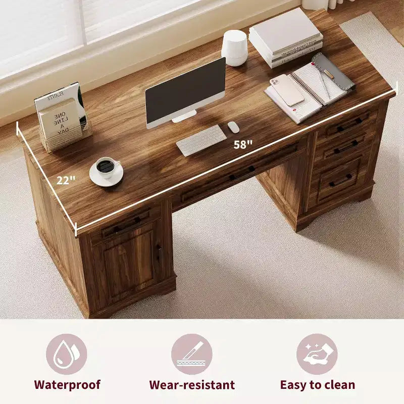 Landhaus-Schreibtisch für das Homeoffice mit Stauraum, Schreibtisch aus Holz mit 5 Schubladen & Schrank, rustikaler Computertisch für Wohnzimmer, Schlafzimmer und Arbeitszimmer