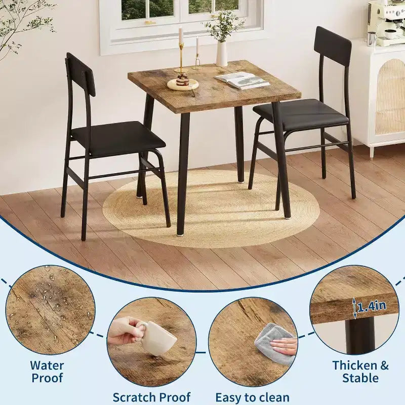 Kleines Esszimmertisch-Set für 2 Personen, 3-teiliges Küchentisch-Set mit 2 gepolsterten Stühlen, Frühstückstisch für kleine Räume, Esszimmer, Wohnung, Restaurant