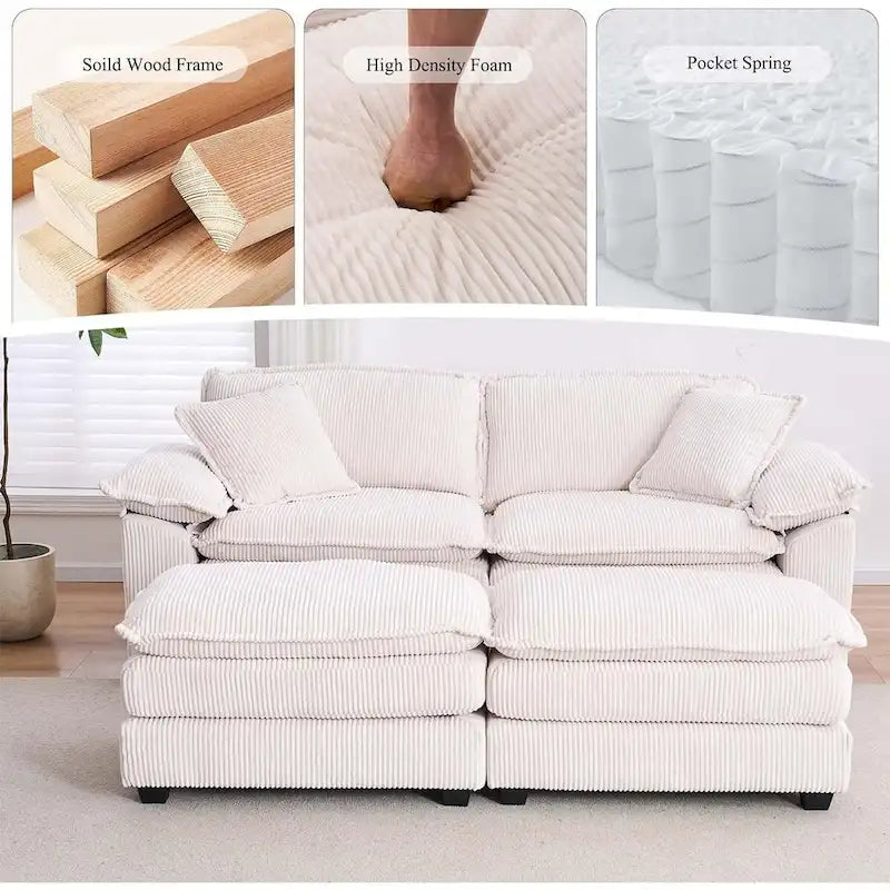 Modernes 2-Sitzer-Sofa aus Cord mit 4 Stützkissen und 2 Hockern