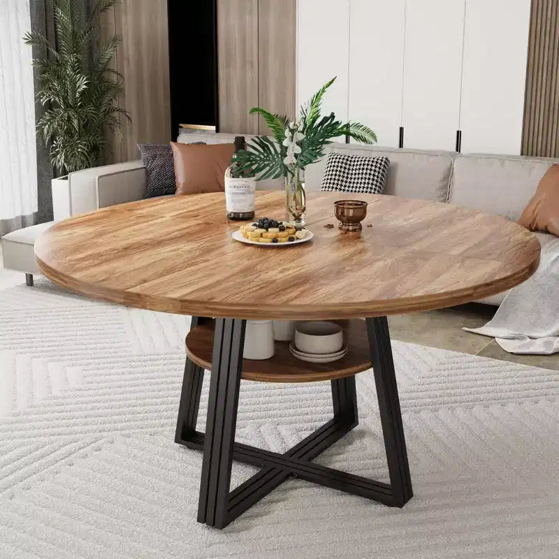 Runder Esstisch für 4-6 Personen, 47 Küchen-Esstisch mit Ablagefach, Holztisch mit Metallgestell für Zuhause und Wohnzimmer, ohne Stühle