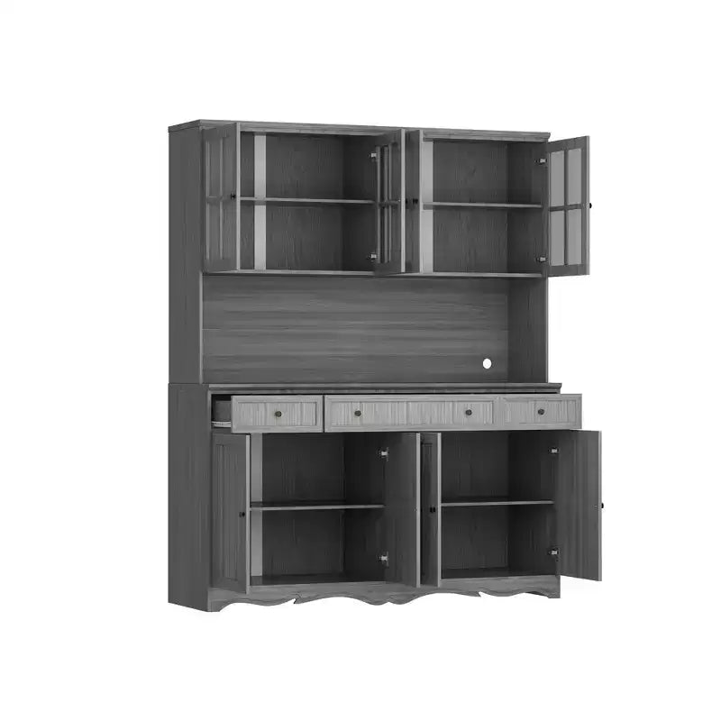Famapy 155,4 cm grauer Buffetschrank mit Aufsatz, Küchenschrank mit verzierter Sockelleiste: Eine Verbindung von Eleganz und Nutzen