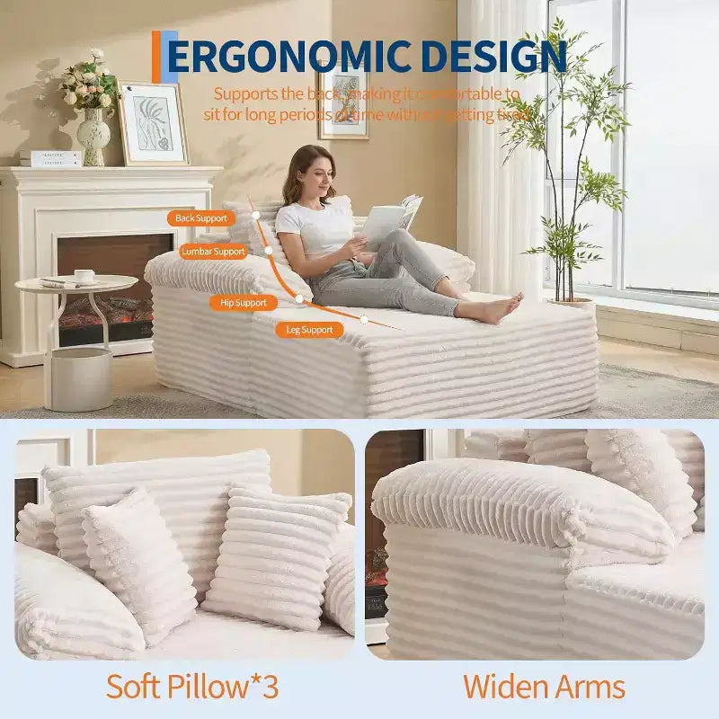 Übergroßes Chaiselongue-Sofa, Cord-Schlafsofa mit Kissen und breiten Armlehnen für Wohnzimmer, Schlafzimmer und Heimkino