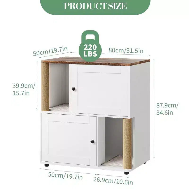 Katzentoiletten-Gehäuse mit zwei Kammern, verstecktes Katzentoiletten-Möbel mit Kratzstämmen und doppellagigen Streumatten für das Zuhause