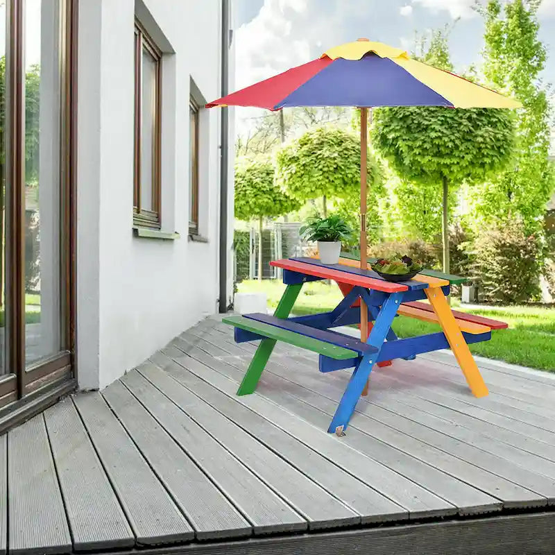 Costway 4-Sitzer Kinderpicknicktisch mit Sonnenschirm, faltbar für Garten und Hof