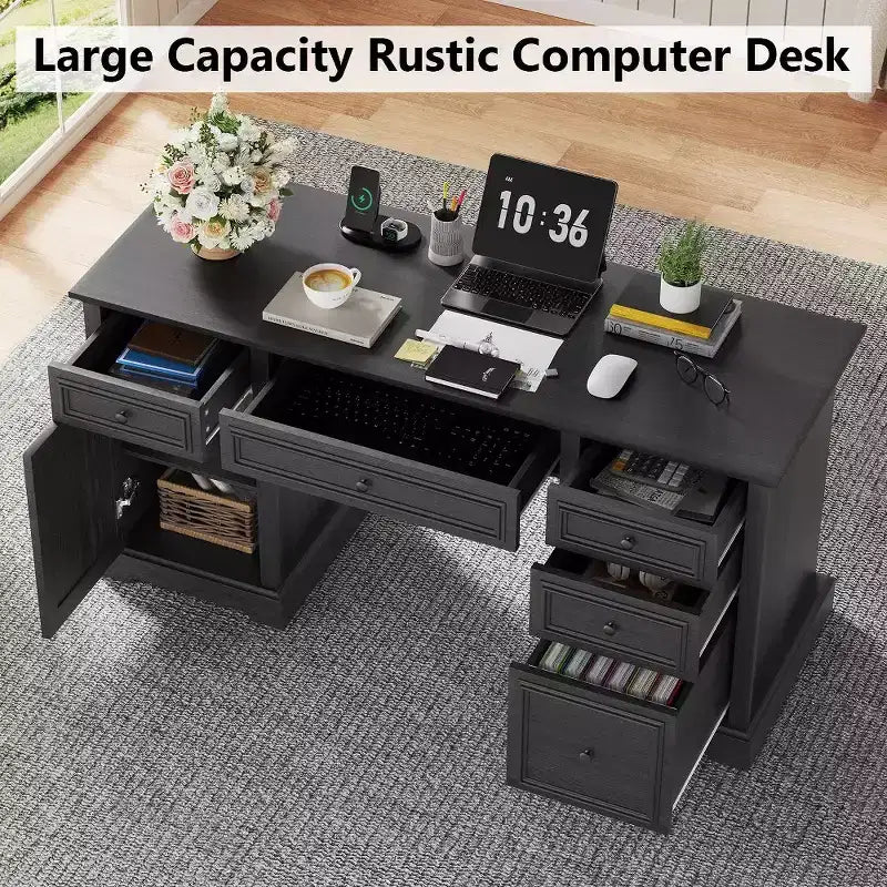60-Zoll-Schreibtisch im Landhausstil fürs Homeoffice – Holzschreibtisch mit Schubladen und Stauraum im Schrank, rustikaler Schreibtisch für Arbeit und Studium