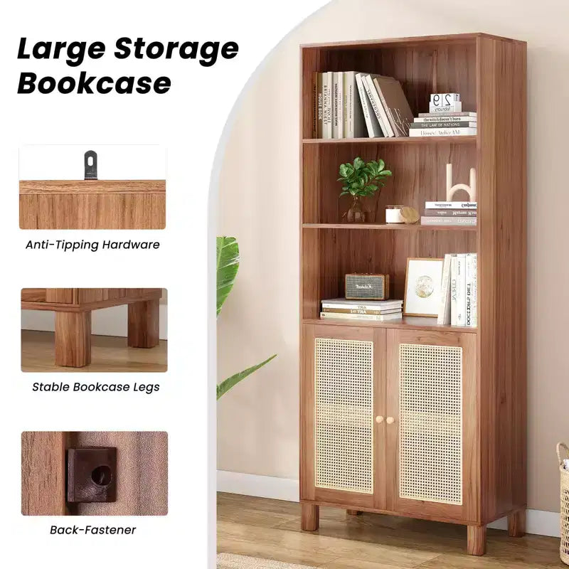 TUYOHW Hohe Bücherregal mit Rattantüren, freistehender Aufbewahrungsschrank mit 5 Regalböden, Bücherregal für Wohnzimmer, Schlafzimmer und Arbeitszimmer