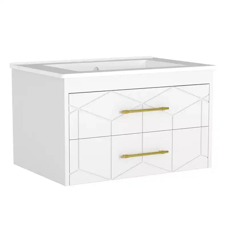 Modernes hängendes Badezimmer-Waschtischset mit Waschbecken – Wandmontierter Unterschrank mit Soft-Close-Schublade und goldenem Griff, Größe 24 oder 30 Zoll