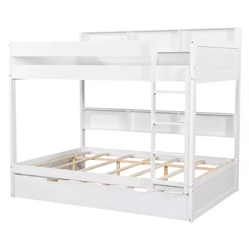 Luxystar modernes Etagenbett mit zwei vollwertigen Liegeflächen, Regalen und Ausziehbett