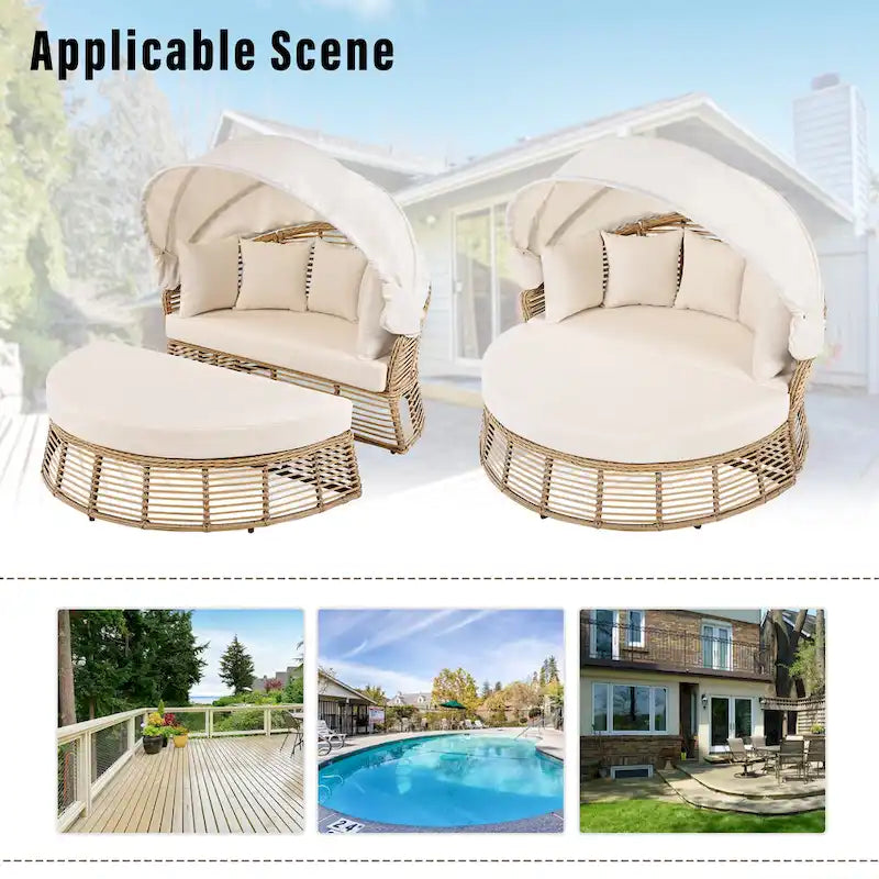 Rundes Outdoor-Rattan-Tagesbett mit Sonnendach und abnehmbaren Kissen