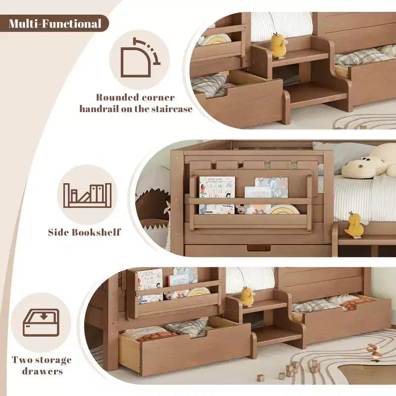Bellemave Queen-Size-Kleinkindbett mit 14 Sicherheitsgeländern, platzsparender Bettrahmen mit integrierten Bücherregalen & 2 Schubladen unter dem Bett