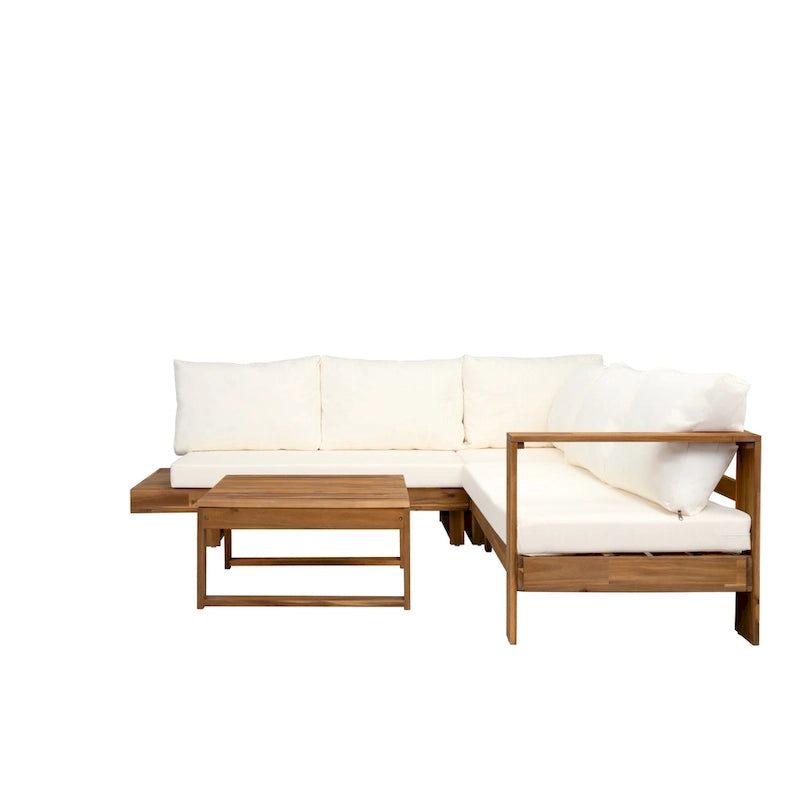 L-förmiges Ecksofa-Set, Terrassen-Sitzgruppe mit Tisch, Lounge-Ecksofa aus Holz, 4-teiliges Outdoor-Sitzgruppen-Set