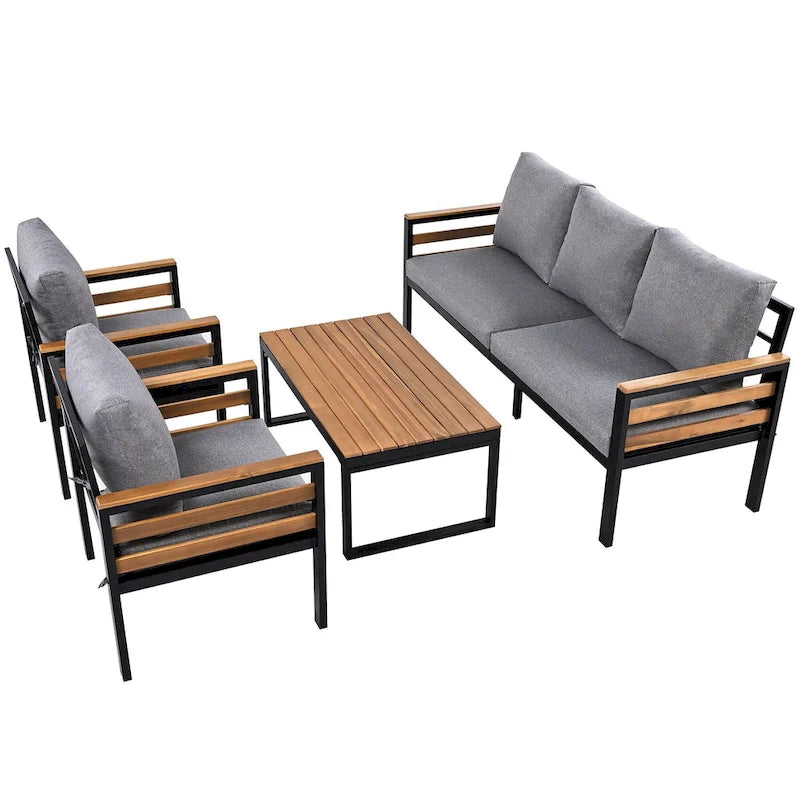 4-teiliges Outdoor-Sofa-Set für 5 Personen mit Couchtisch aus Massivholz und abnehmbaren Kissen