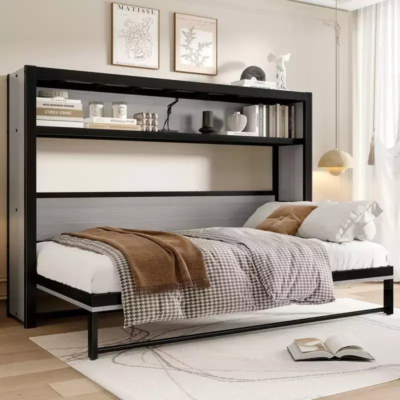 Schrankbett in Twin-Size mit Regalen, Metall-Wandbett mit klappbarem Design für kleine Räume