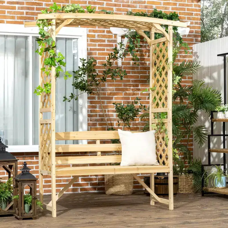 Outsunny Gartenbank mit Pergola-Bogen und 2 Rankgittern, 3-Sitzer Gartenbank aus Holz für Kletterpflanzen und Weinreben