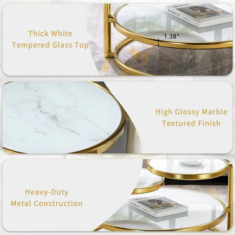 Runder Couchtisch aus gehärtetem Glas mit 3 Ebenen und um 360 Grad drehbarer Tischplatte
