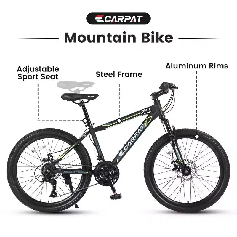 Okak 24 Zoll Mountainbike mit Stahlrahmen, Kinderfahrrad mit Shimano 21-Gang-Schaltung, doppelten Scheibenbremsen und Vordergabel-Federung, Fahrrad für Jugendliche
