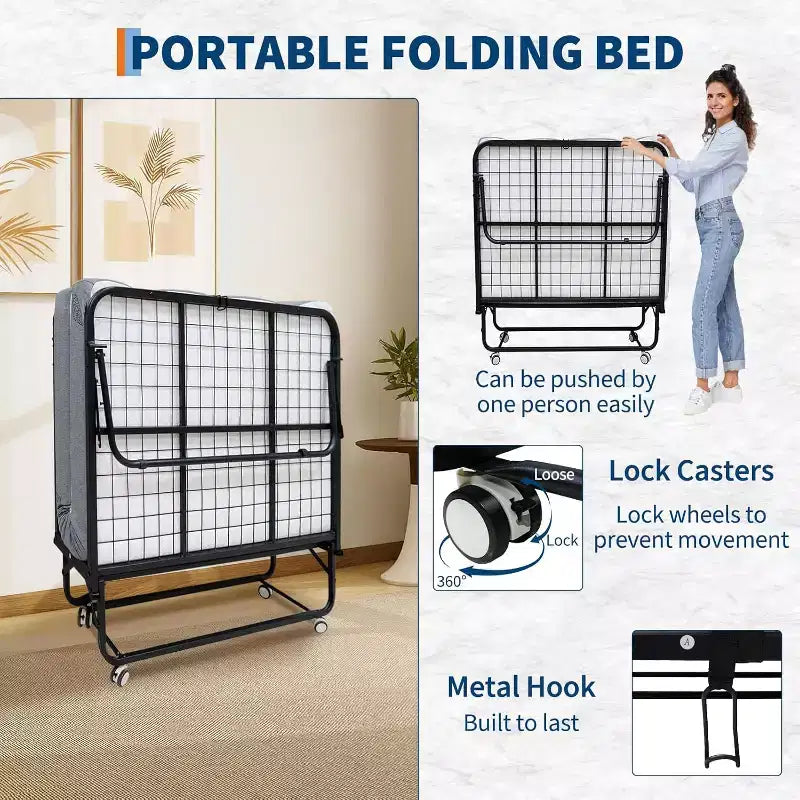 Klappbett mit Matratze für Erwachsene, tragbares Gästebett auf Rollen, faltbares Metallgestell-Bett mit 5-Zoll-Memory-Foam-Matratze und seitlicher Aufbewahrungstasche